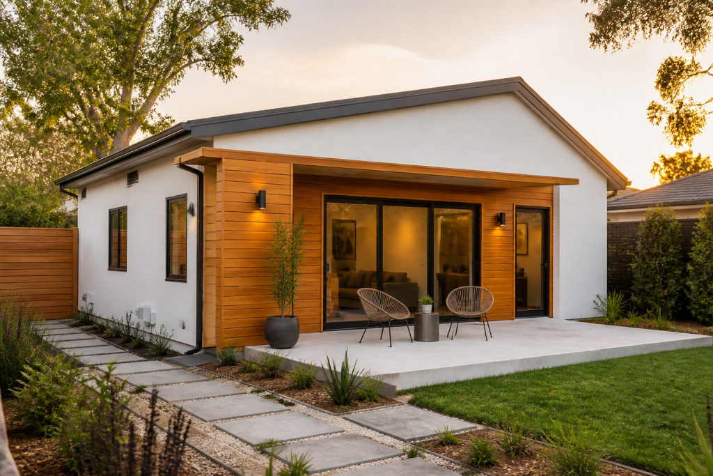 Modern detached ADU with wood accents in a landscaped California backyard