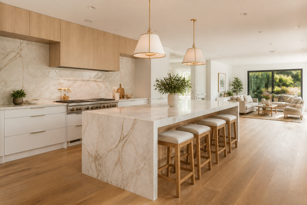 Modern light oak and stone kitchen remodel with a large island