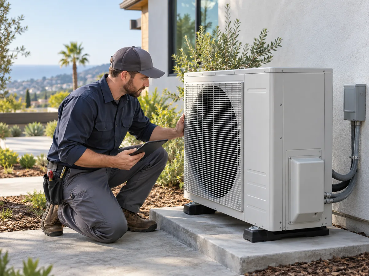 HVAC technician inspecting a residential heat-pump system