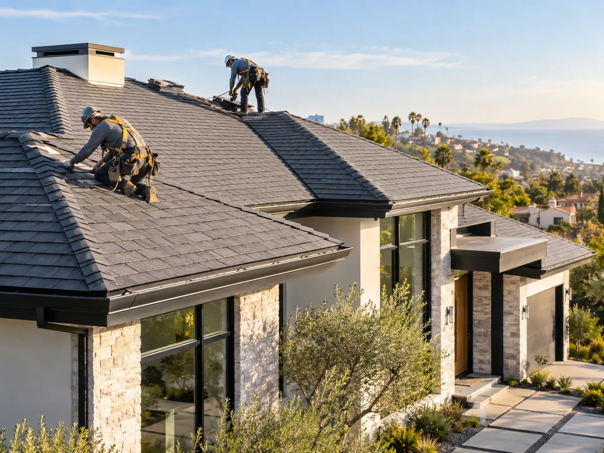 Residential roofing installation on a modern California home