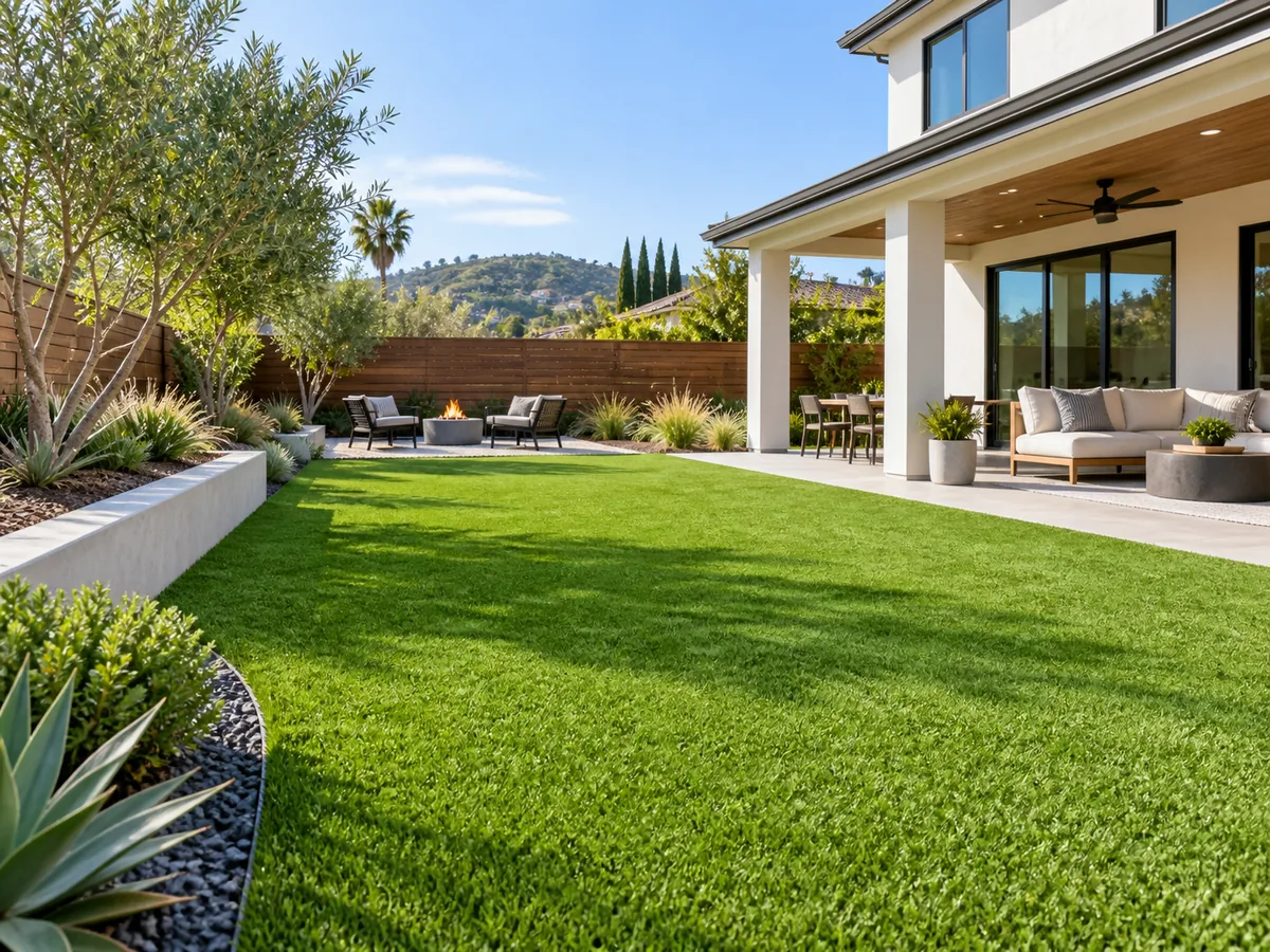 Low-maintenance green turf in a modern residential backyard